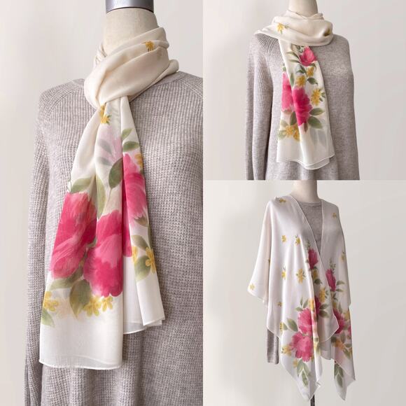 Vintage 100% Silk Scarf Wrap Sheer Botanical Floral Garden Romantic Timeless - Picture 1 of 8